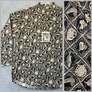 Vintage Field & Stream Shirt Mens Large Navy Blue Fishing AOP Lure Fish Reel